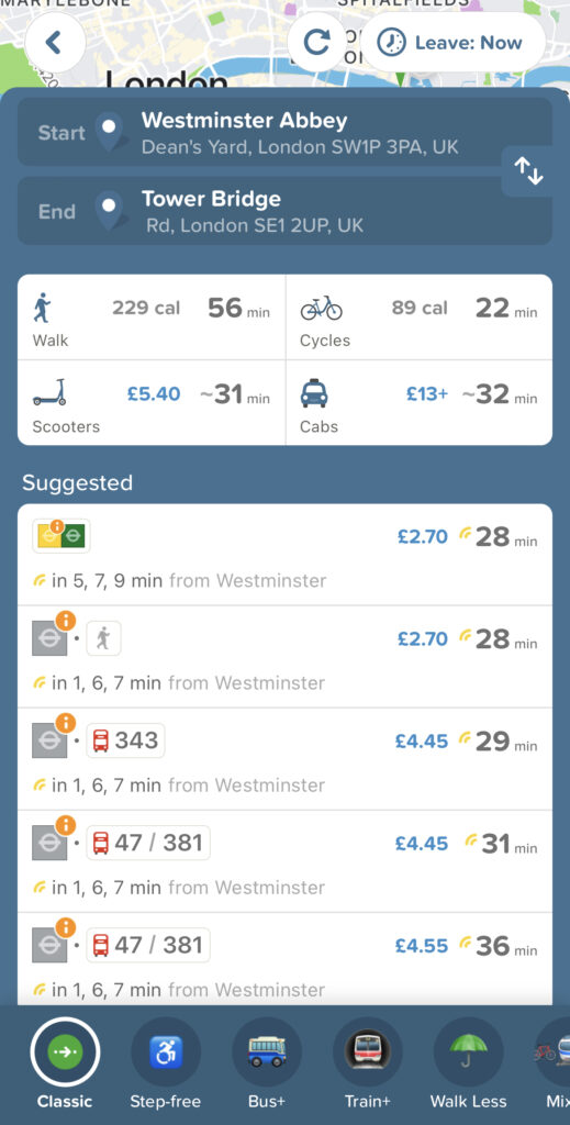 Cost of living - transport, citymapper app