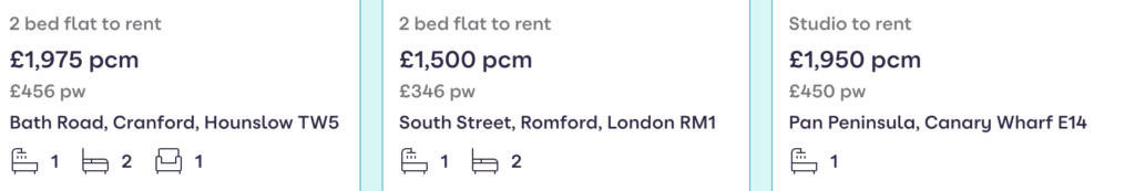 Examples of cost of rental in London - on Zoopla