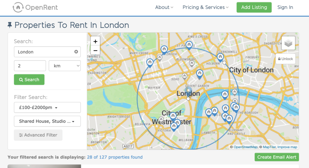 Searching for units to rent on OpenRent